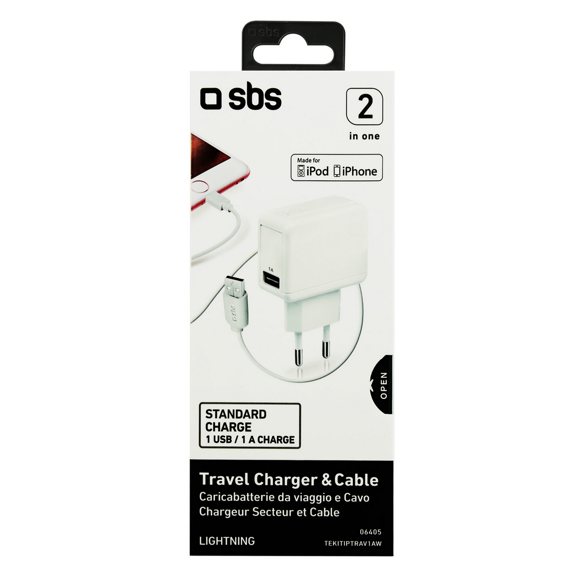SBS CHARGER KIT WITH USB TRAVEL CHARGER 2 OUTPUT 1.000 MA + USB DATA CABLE, TEKITIPTRAV1AW posledný kus