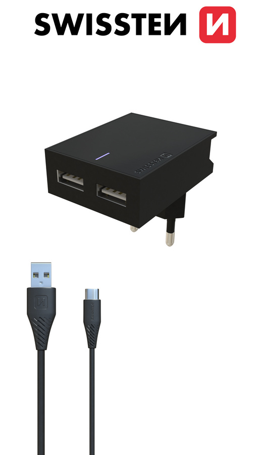 SWISSTEN SIETOVY ADAPTER SMART IC 2X USB 3A POWER+ DATOVY KABEL USB/USB-C 1,2 M CIERNY posledný kus